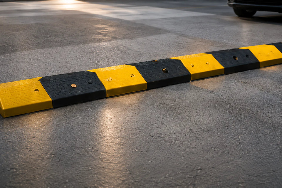 Black and yellow rubber wheel stop installed in a parking space